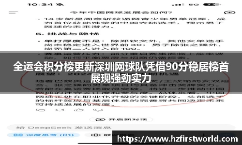 全运会积分榜更新深圳网球队凭借90分稳居榜首展现强劲实力